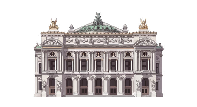 Detailed illustration of the grand and ornate Palais Garnier opera house in Paris, featuring classical architecture, a prominent dome, and intricate facade details.