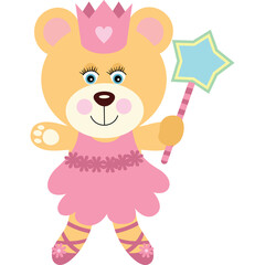 Cute Cartoon Bear Princess Wearing Pink Tutu and Ballet Slippers Holding a Sparkly Star Wand and Pink Crown with Heart Accent Detailed Cheeks and Blue 