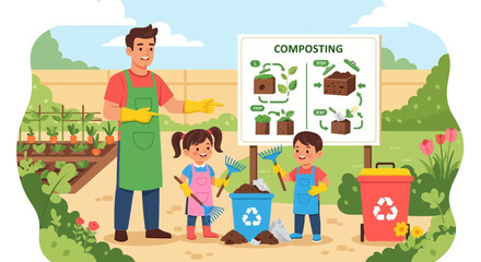 Enthusiastic family learning composting techniques in the garden for sustainability