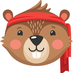 Cute cartoon beaver wearing a red bandana headscarf smiling with pink cheeks and buck teeth on a transparent background