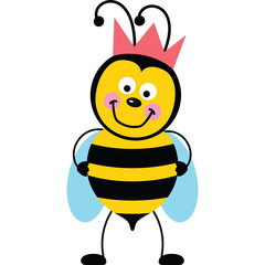 Cute Cartoon Bee Wearing a Pink Crown with Black Antennas and Blue Wings Standing Against a White Background