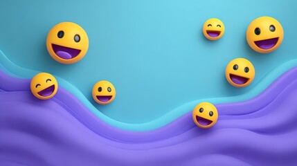 Naklejka premium Colorful Smiley Faces Floating on Wavy Blue and Purple Background, Perfect for Expressing Joy and Happiness in Various Creative Projects
