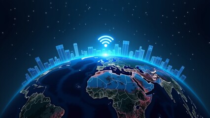 Globe with Global Connectivity and City Skyline in Background, Digital Concept of WiFi