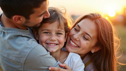 Fototapeta premium Joyful Family Embracing Together Outdoors at Sunset with Warm Smiles and Happy Moments