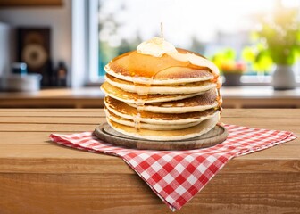 Delicious fresh tasty pancakes on the desk
