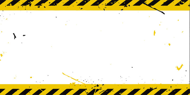 Grunge yellow banner background with black warning stripes, a safety caution sign for construction and road