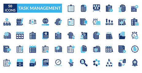 Task Management Dual Tone Icon Set. Task List, Checklist, To Do Board, Schedule, Pending Task, Daily Plan, Weekly Plan