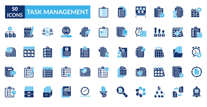 Task Management Dual Tone Icon Set. Task List, Checklist, To Do Board, Schedule, Pending Task, Daily Plan, Weekly Plan - Powered by Adobe