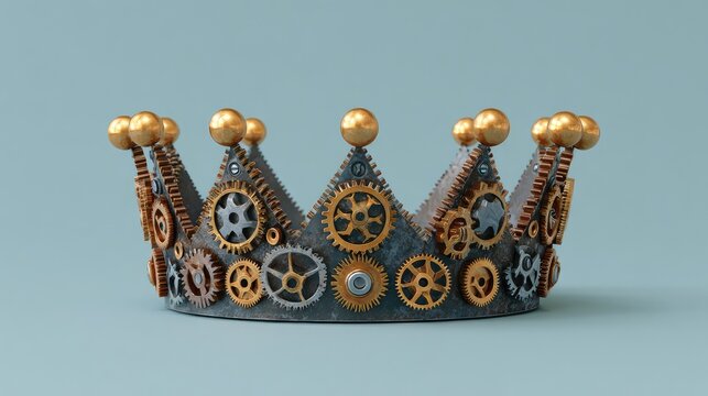 Intricate Steampunk Crown with Gears and Mechanisms Against a Soft Blue Background, Symbolizing Creativity, Innovation, and Regal Aesthetics in Artistry and Design