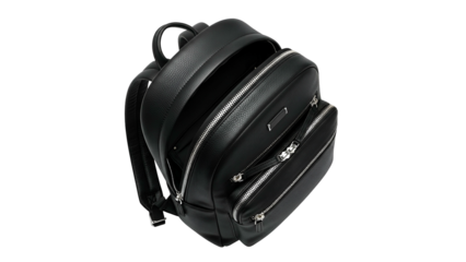 Contemporary black leather backpack with open compartments displayed against a dark background