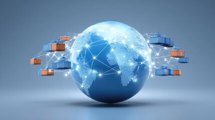 Global Shipping and Logistics Network Visualization with Containers and World Map Representation for E-commerce, Trade, and Supply Chain Management Illustrations