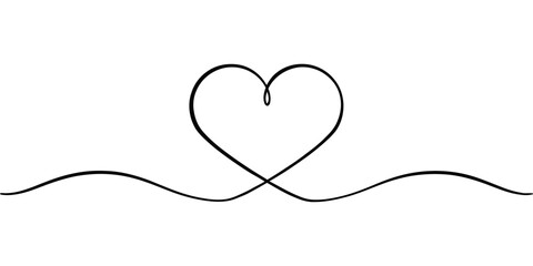 Vector single continuous line drawing of a heart shape with a flowing line beneath it on a white background