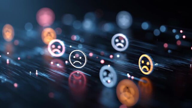 A series of faces are shown on a screen. AI interface visualizing customer sentiment as floating data points, futuristic data-driven emotion analysis, sentiment analysis ai