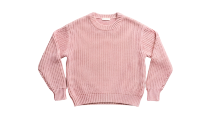 Pink chunky knit pullover garment displayed against a dark background