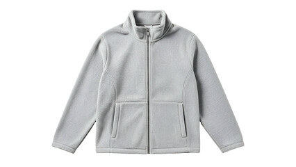 Light gray textured fleece jacket with full zip closure is displayed on black background