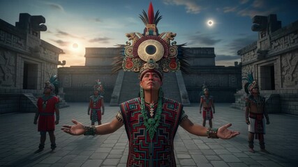 Ancient Aztec Ceremony at Temple, Sun Eclipse and Ritualistic Gathering of Warriors
