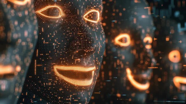 Close-up of AI interface visualizing emotional sentiment data, glowing holographic faces showing positive and negative emotions, professional data aesthetic, sentiment analysis ai 