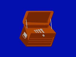 Open toolbox with wrenches on bold blue background, 3D render.