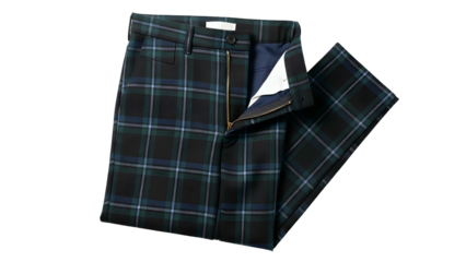 Tailored tartan pattern trousers featuring an open zipper closure against a dark background