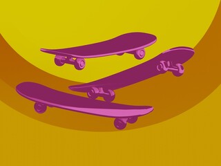 Three pink skateboards in motion on vibrant yellow graphic background.