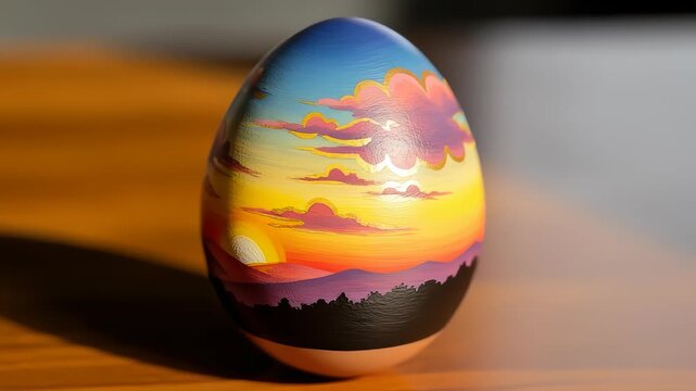 Colorful sunset landscape artwork on an egg shaped form artfully display on wooden surface
