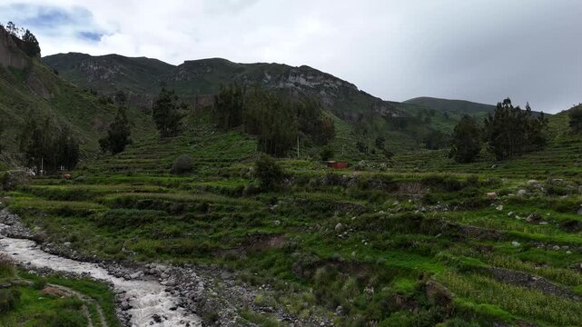 Barrido A&eacute;reo sobre Terrazas Agr&iacute;colas y R&iacute;o en las Faldas Andinas