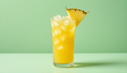 Tropical pineapple cocktail in a clear round glass, pineapple garnish, and ice, isolated on pastel mint