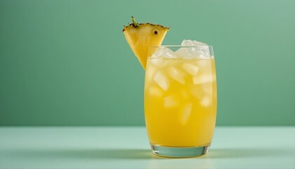 Tropical pineapple cocktail in a clear round glass, pineapple garnish, and ice, isolated on pastel mint