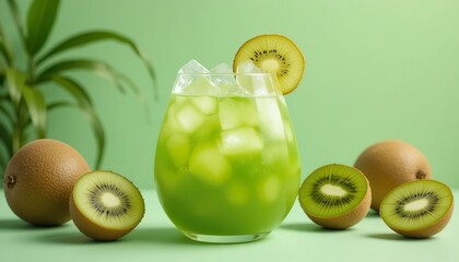 Refreshing kiwi cocktail in rounded glass with ice cubes and fruit garnish on pastel light green background	