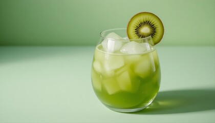 Refreshing kiwi cocktail in rounded glass with ice cubes and fruit garnish on pastel light green background	