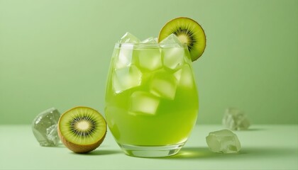 Refreshing kiwi cocktail in rounded glass with ice cubes and fruit garnish on pastel light green background	