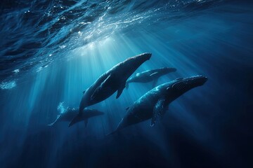 Fototapeta premium Deep ocean scene showcases humpback whales swimming upward with sun rays piercing through water