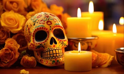 
Traditional Day of the Dead altar with decorated sugar skulls, marigold flowers and candles on orange background