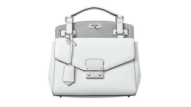 Structured white leather handbag features silver tone hardware and a hanging luggage tag