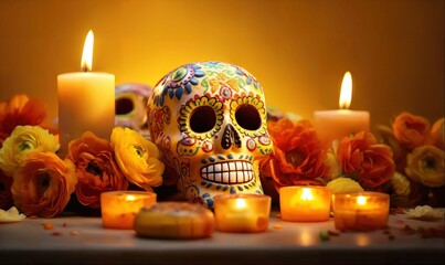 
Traditional Day of the Dead altar with decorated sugar skulls, marigold flowers and candles on orange background