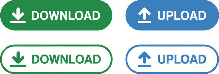 Collection of web UI buttons for data transfer operations, featuring both solid and outlined styles for download and upload actions, ideal for interface design