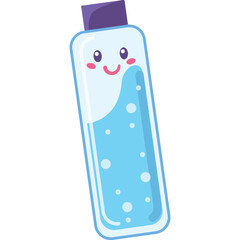 Cute cartoon bottle with blue liquid and smiling face isolated on transparent background