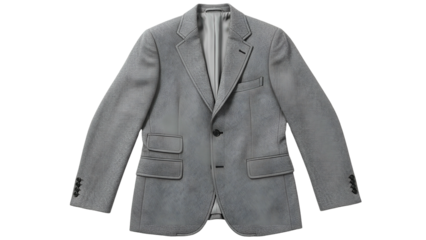 Gray tailored single breasted garment displays detailed stitching and buttons against a dark background