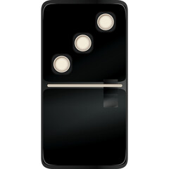 Black domino with three light brown circles on top half and blank bottom half isolated on white background with shadow