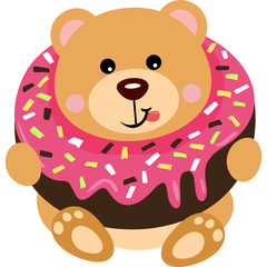 Cute cartoon brown bear wearing a pink frosted donut with colorful sprinkles around its head in a simple graphic illustration style on a transparent background.