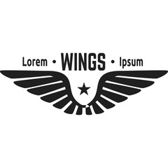 Black Emblem With Stylized Wings And Star In Center With Text Lorem Wings Ipsum Isolated On Transparent Background Minimalist Design