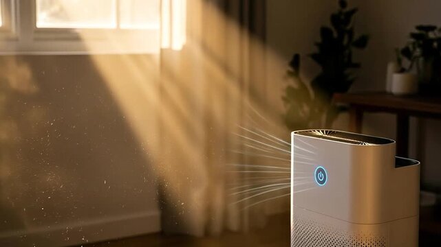 Air purifier cleans air, sunlight streams through as particles vanish in home