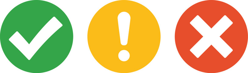 A simple set of vector notification icons for user interface design, featuring a green checkmark for success, a yellow exclamation point for a warning, and a red X for failure