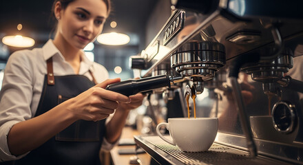 Young female barista preparing coffee with espresso machine in modern cafe setting for coffee shop menu and hospitality marketing