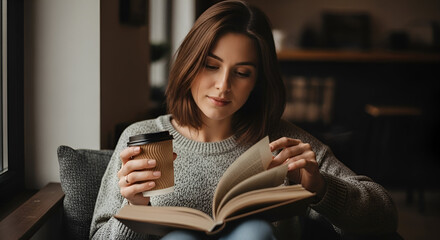 Young woman reading a book and drinking coffee indoors in a cozy home setting with natural light and relaxed atmosphere for leisure and relaxation