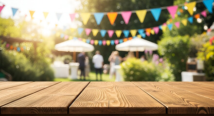 Outdoor garden party scene with colorful bunting flags and blurred guests enjoying sunny day with umbrellas and lush greenery in background