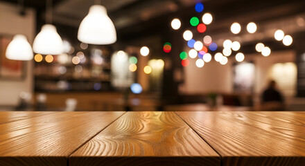 Warm cozy restaurant interior with blurred colorful lights and wooden table surface perfect for dining and social gatherings in a welcoming atmosphere