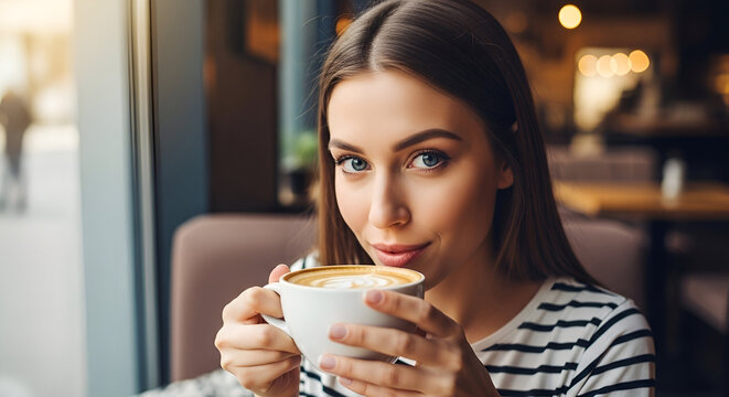 Young woman enjoying a warm cup of coffee in a cozy cafe setting with natural light and relaxed atmosphere perfect for lifestyle and beverage themes