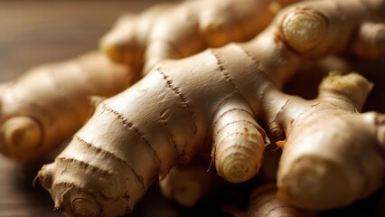 Close up of fresh ginger root on a wooden surface.