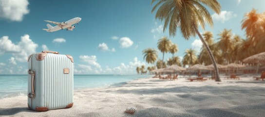 A white suitcase is on the beach next to a palm tree